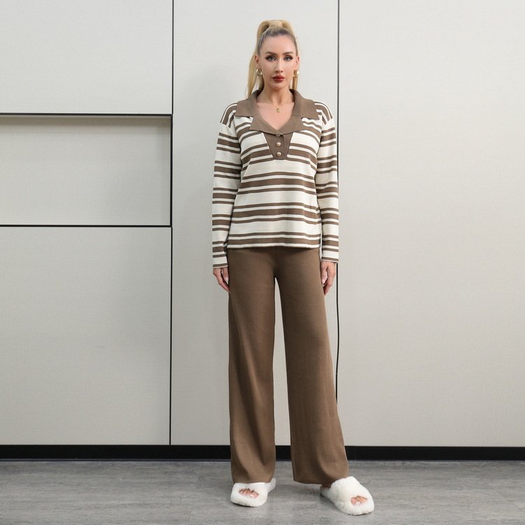 Boutique Wholesale 2024 Autumn New Fashion Striped Knitted Round Neck Sweater Wide Leg Pants Loose Women's Set