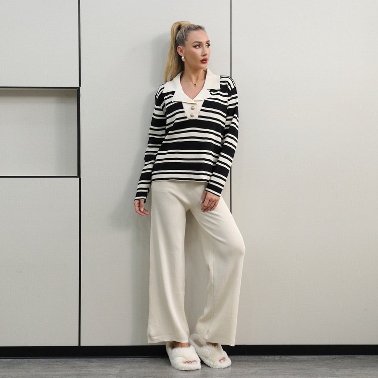 Boutique Wholesale 2024 Autumn New Fashion Striped Knitted Round Neck Sweater Wide Leg Pants Loose Women's Set