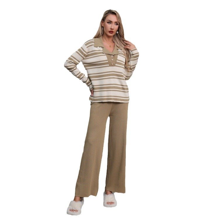 Boutique Wholesale 2024 Autumn New Fashion Striped Knitted Round Neck Sweater Wide Leg Pants Loose Women's Set