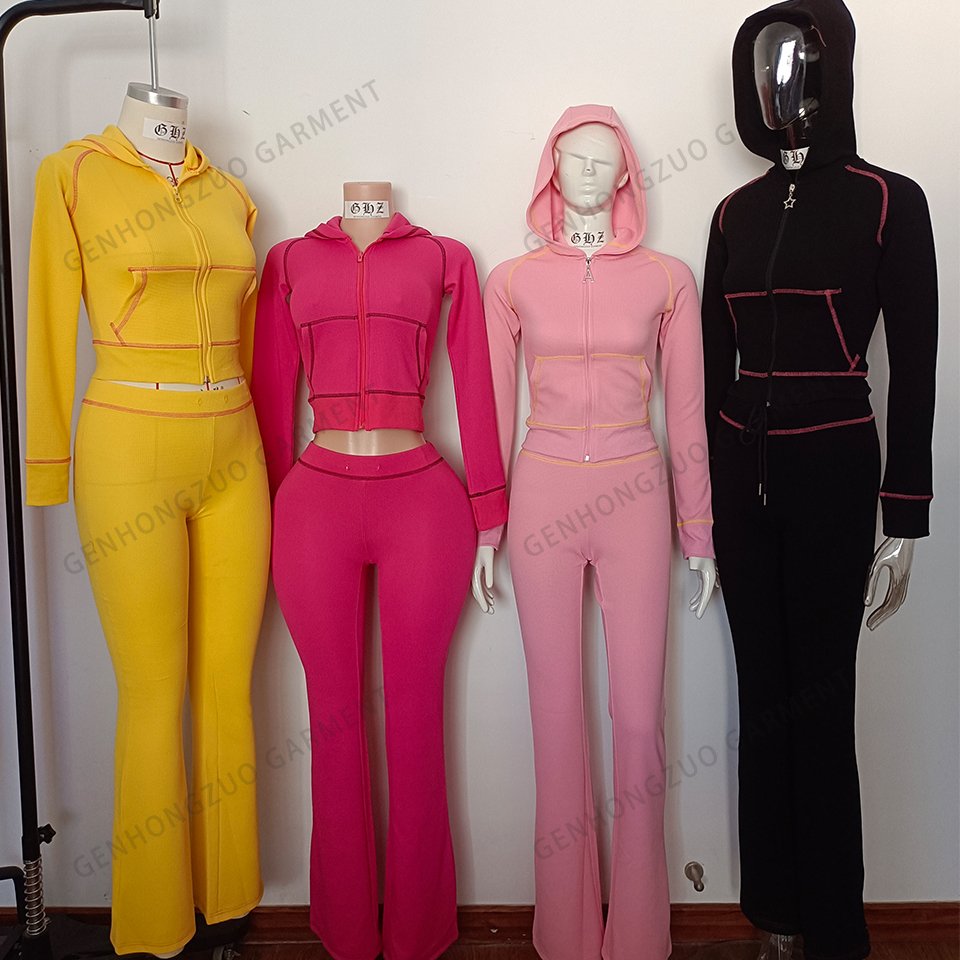 Custom Waffle Knit Long Sleeves Lounge Sets Women Basics Zipper Hoodie Jacket And Wide Leg Flared Pants Women's Tracksuit Sets