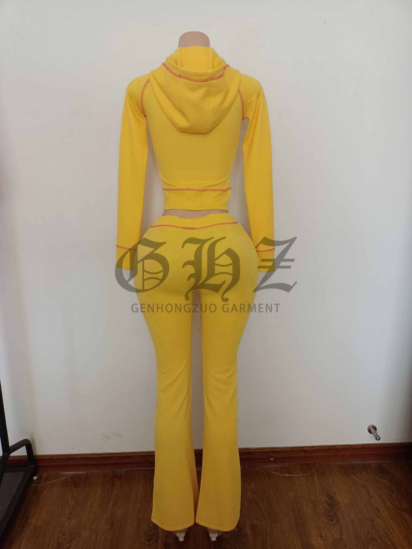 Custom Waffle Knit Long Sleeves Lounge Sets Women Basics Zipper Hoodie Jacket And Wide Leg Flared Pants Women's Tracksuit Sets