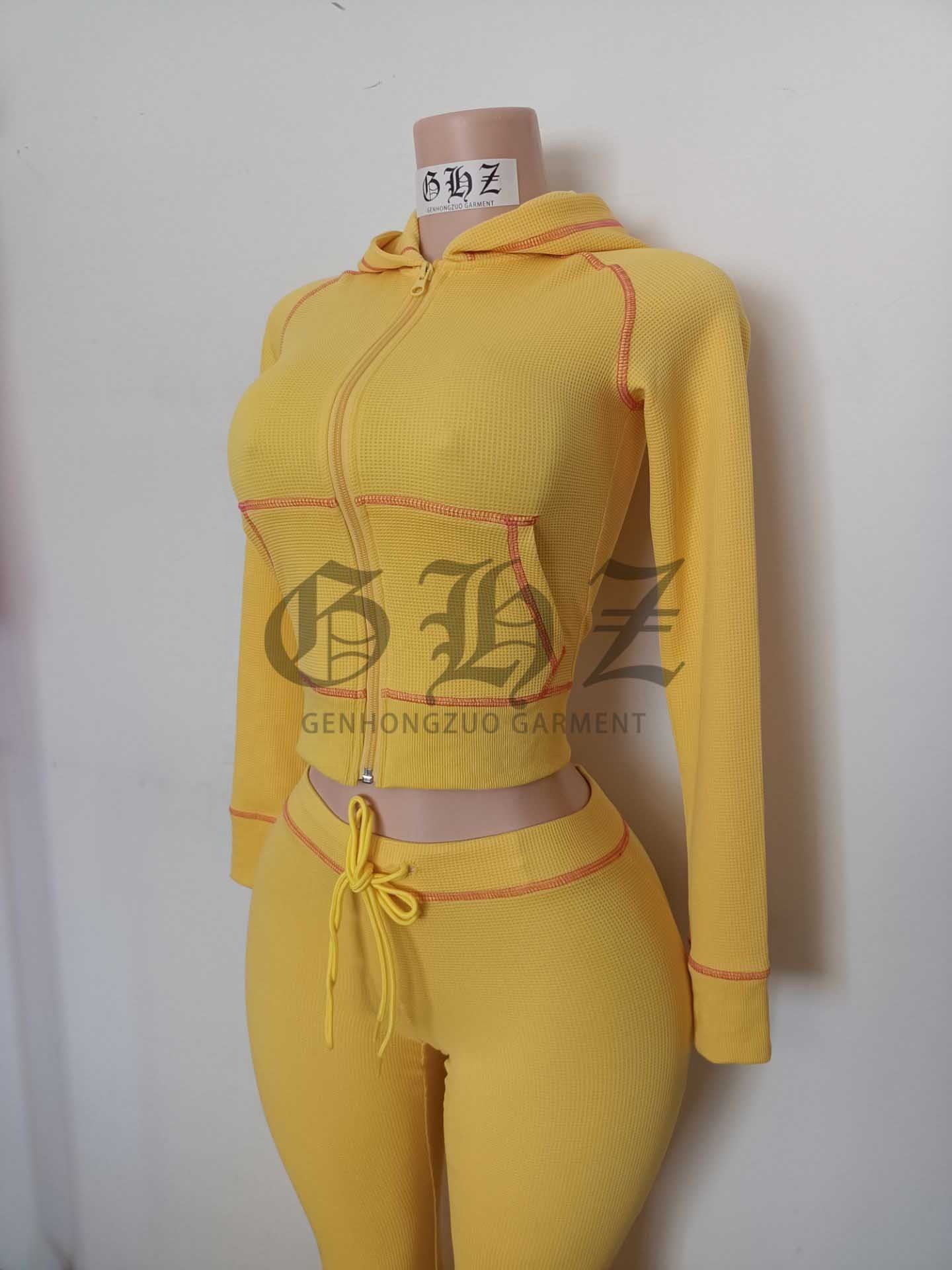 Custom Waffle Knit Long Sleeves Lounge Sets Women Basics Zipper Hoodie Jacket And Wide Leg Flared Pants Women's Tracksuit Sets