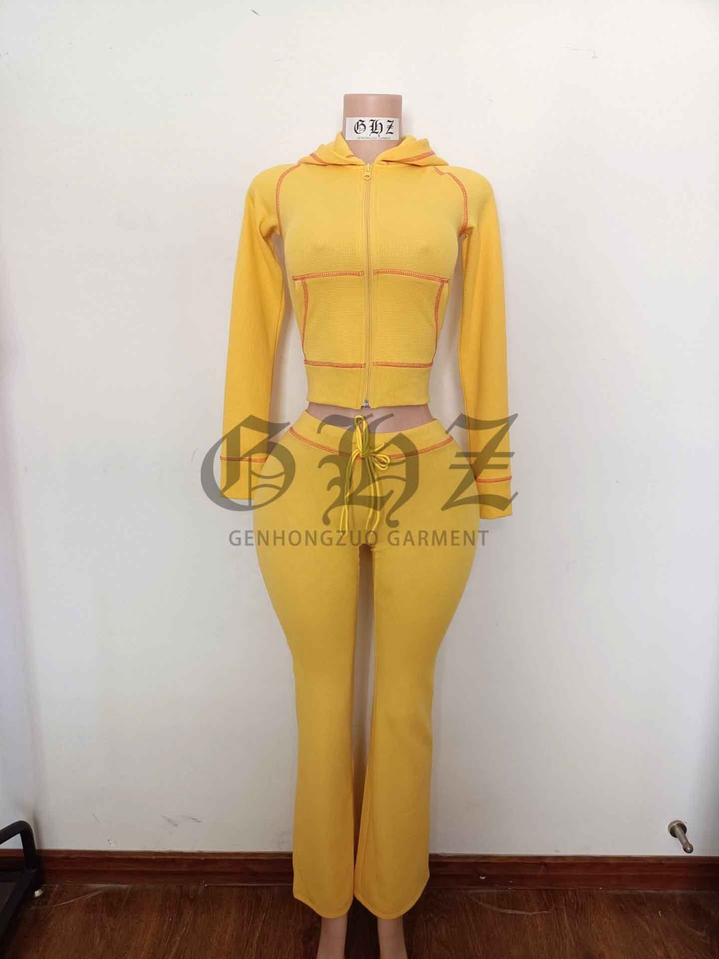 Custom Waffle Knit Long Sleeves Lounge Sets Women Basics Zipper Hoodie Jacket And Wide Leg Flared Pants Women's Tracksuit Sets