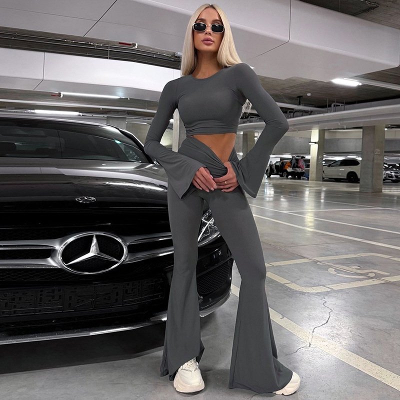 Women's Clothing 2024 Autumn Fashion Soild Traccksuits Ribbed Crop Top and Flare Pants Casual Sports 2 Piece Set Outfits