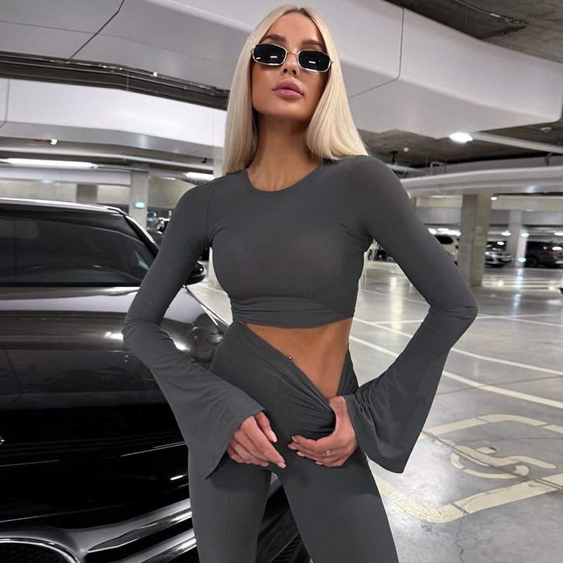 Women's Clothing 2024 Autumn Fashion Soild Traccksuits Ribbed Crop Top and Flare Pants Casual Sports 2 Piece Set Outfits