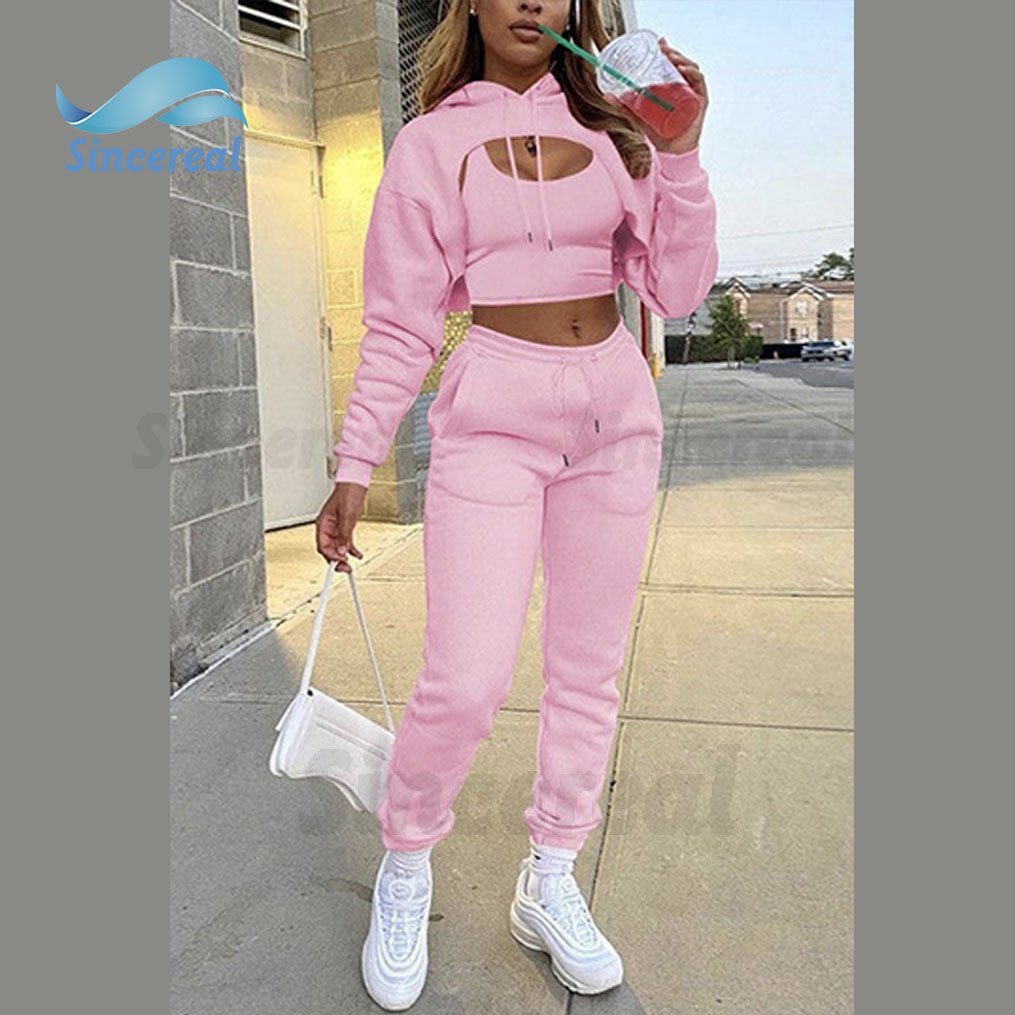 Factory Made High Quality Sweatshirt Cropped Hoodie Underneath Joggers Pants Casual Sportswear 3 Pieces Set Tracksuits for Women