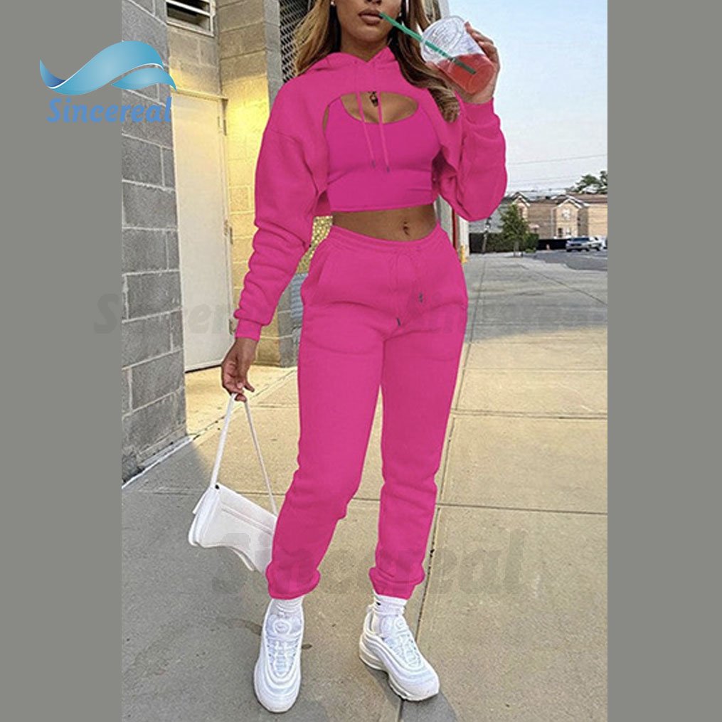 Factory Made High Quality Sweatshirt Cropped Hoodie Underneath Joggers Pants Casual Sportswear 3 Pieces Set Tracksuits for Women