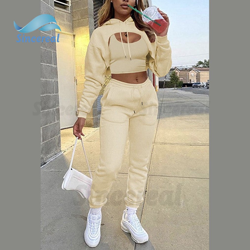 Factory Made High Quality Sweatshirt Cropped Hoodie Underneath Joggers Pants Casual Sportswear 3 Pieces Set Tracksuits for Women