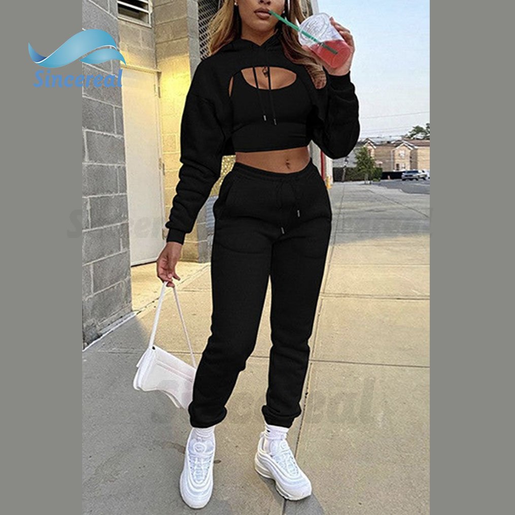 Factory Made High Quality Sweatshirt Cropped Hoodie Underneath Joggers Pants Casual Sportswear 3 Pieces Set Tracksuits for Women