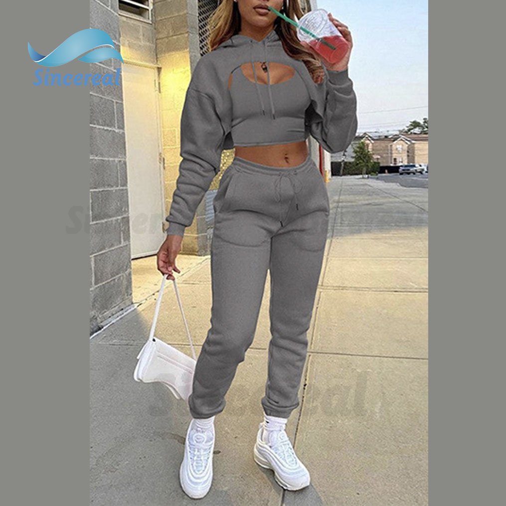 Factory Made High Quality Sweatshirt Cropped Hoodie Underneath Joggers Pants Casual Sportswear 3 Pieces Set Tracksuits for Women