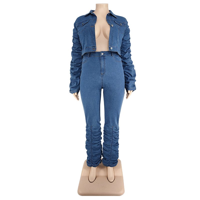 YQY21807 Autumn and Winter Plus Size Womens Clothing Long Sleeve Denim Coat and Stacked Two Piece Jeans Pants Set