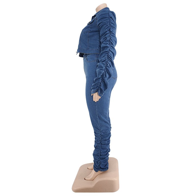YQY21807 Autumn and Winter Plus Size Womens Clothing Long Sleeve Denim Coat and Stacked Two Piece Jeans Pants Set