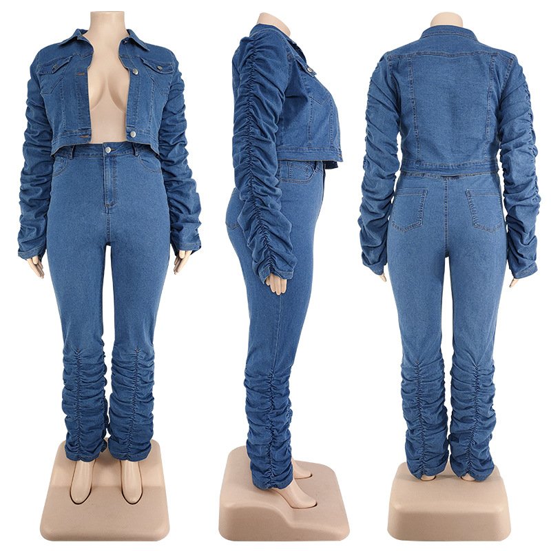 YQY21807 Autumn and Winter Plus Size Womens Clothing Long Sleeve Denim Coat and Stacked Two Piece Jeans Pants Set