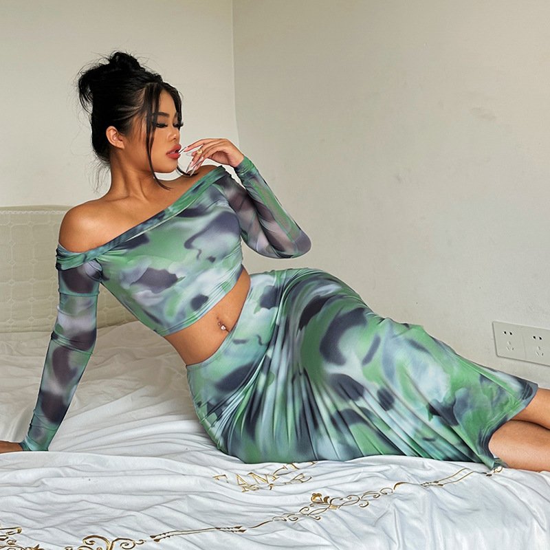 Tie Dye Print 2-Piece Women's Set off Shoulder Midi-Length Top and Full-Sleeve Skirts for Summer Casual Style
