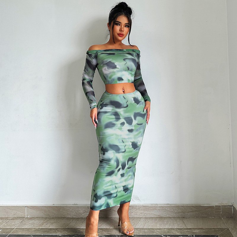 Tie Dye Print 2-Piece Women's Set off Shoulder Midi-Length Top and Full-Sleeve Skirts for Summer Casual Style