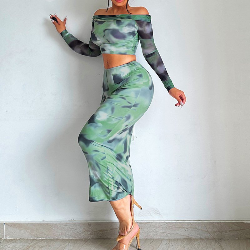 Tie Dye Print 2-Piece Women's Set off Shoulder Midi-Length Top and Full-Sleeve Skirts for Summer Casual Style