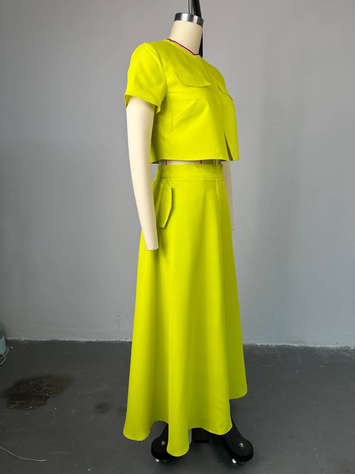 HK7536 Summer Candy Color Short Sleeved Button Crop Top And High Waist Button Half Skirt 2 Piece Set