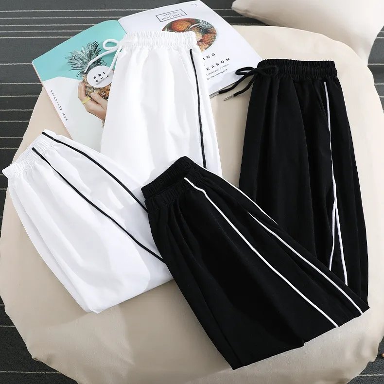 Ice silk striped sports pants women's summer thin loose leg pants bloomers casual sun quick drying nine-minute pants