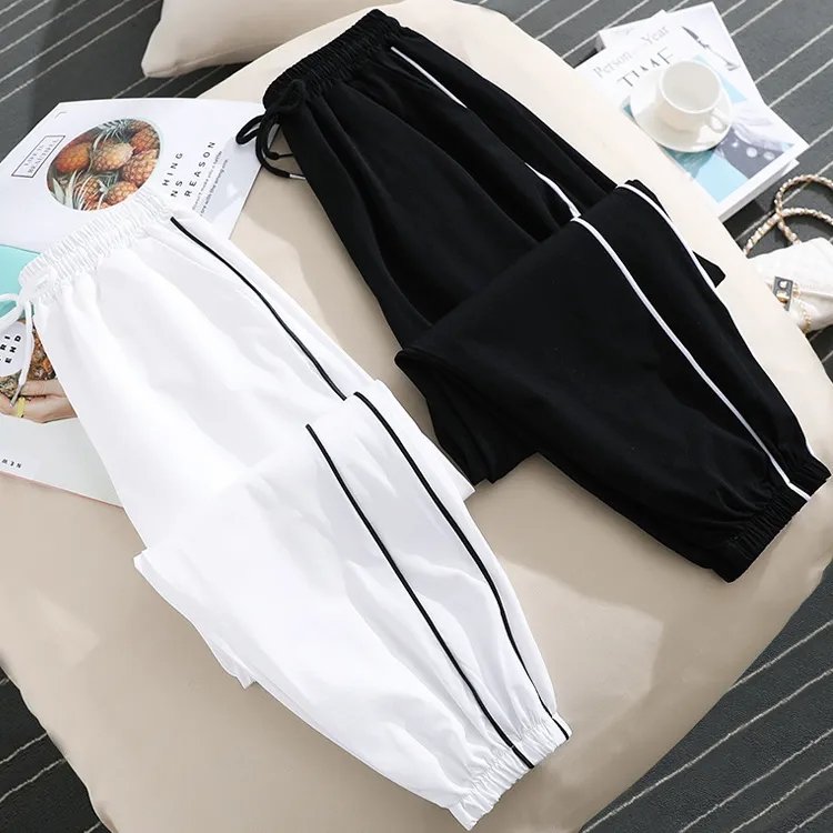 Ice silk striped sports pants women's summer thin loose leg pants bloomers casual sun quick drying nine-minute pants