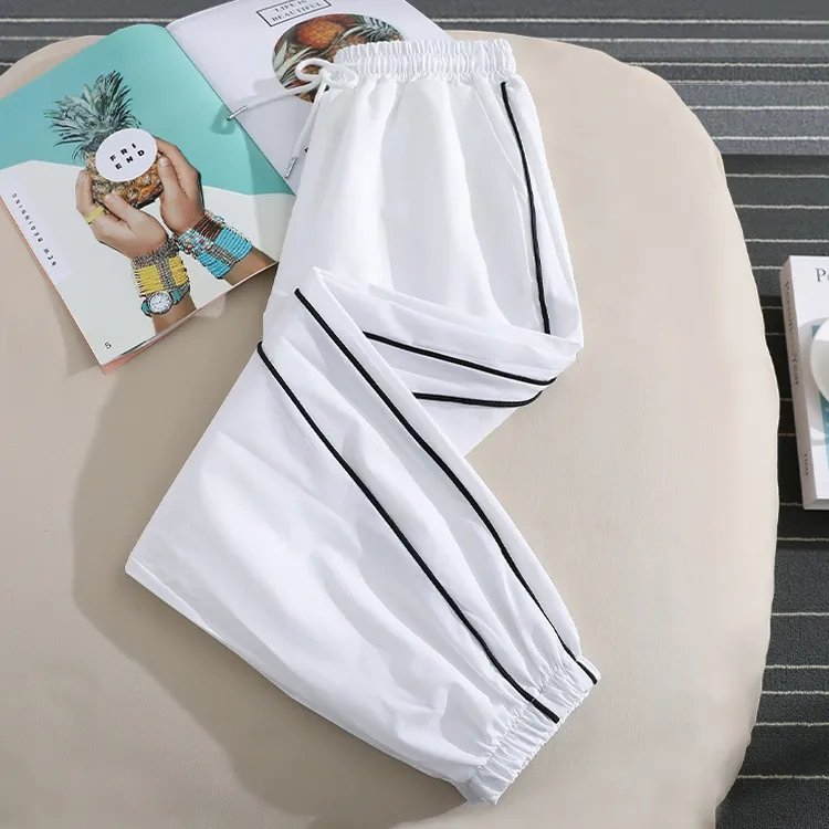 Ice silk striped sports pants women's summer thin loose leg pants bloomers casual sun quick drying nine-minute pants