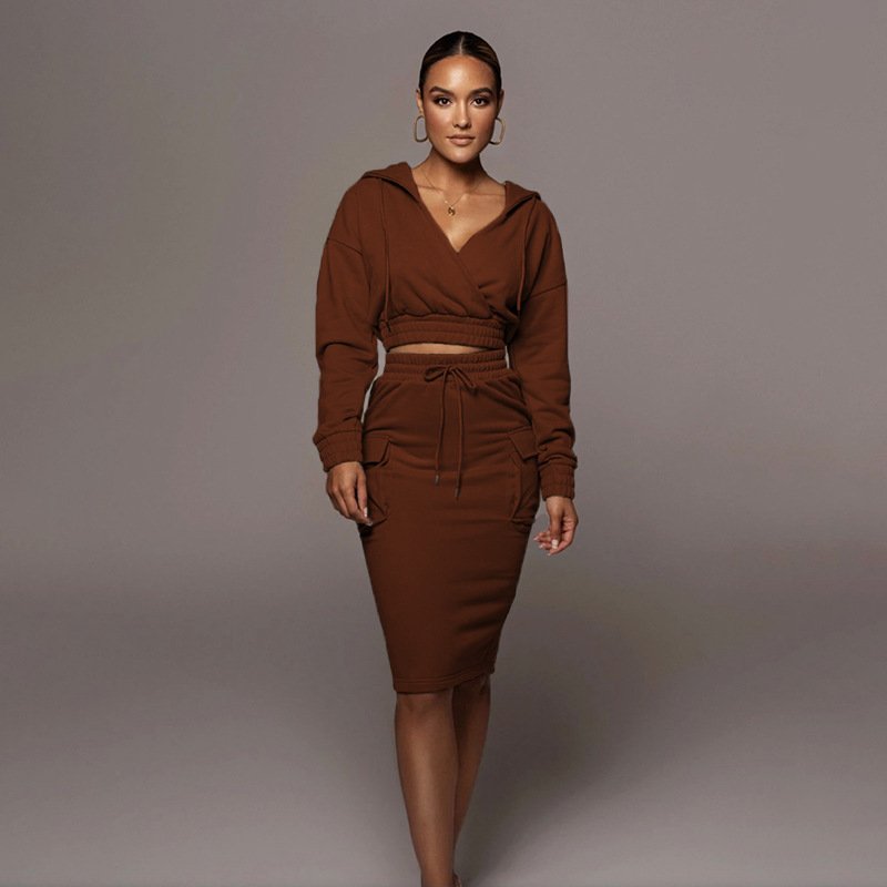 custom new women sweat midi skirts suit casual high quality womens clothing hoodie&skirt set two piece hoodie suit