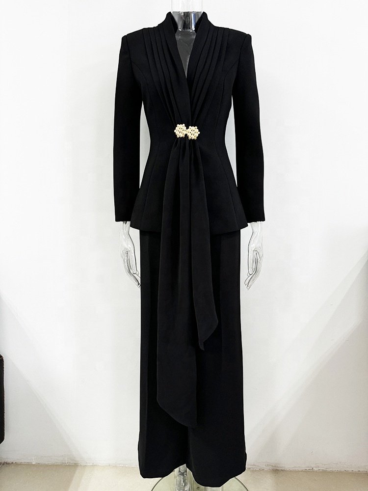 Autumn Fashion Office Blazer Pants Women'S Set With Draped V-Neck Suit +Wide Leg Trousers Two-Piece Set