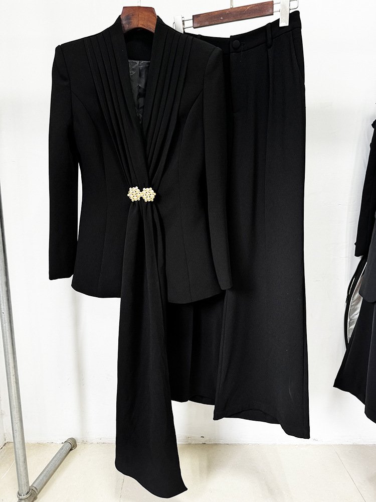Autumn Fashion Office Blazer Pants Women'S Set With Draped V-Neck Suit +Wide Leg Trousers Two-Piece Set