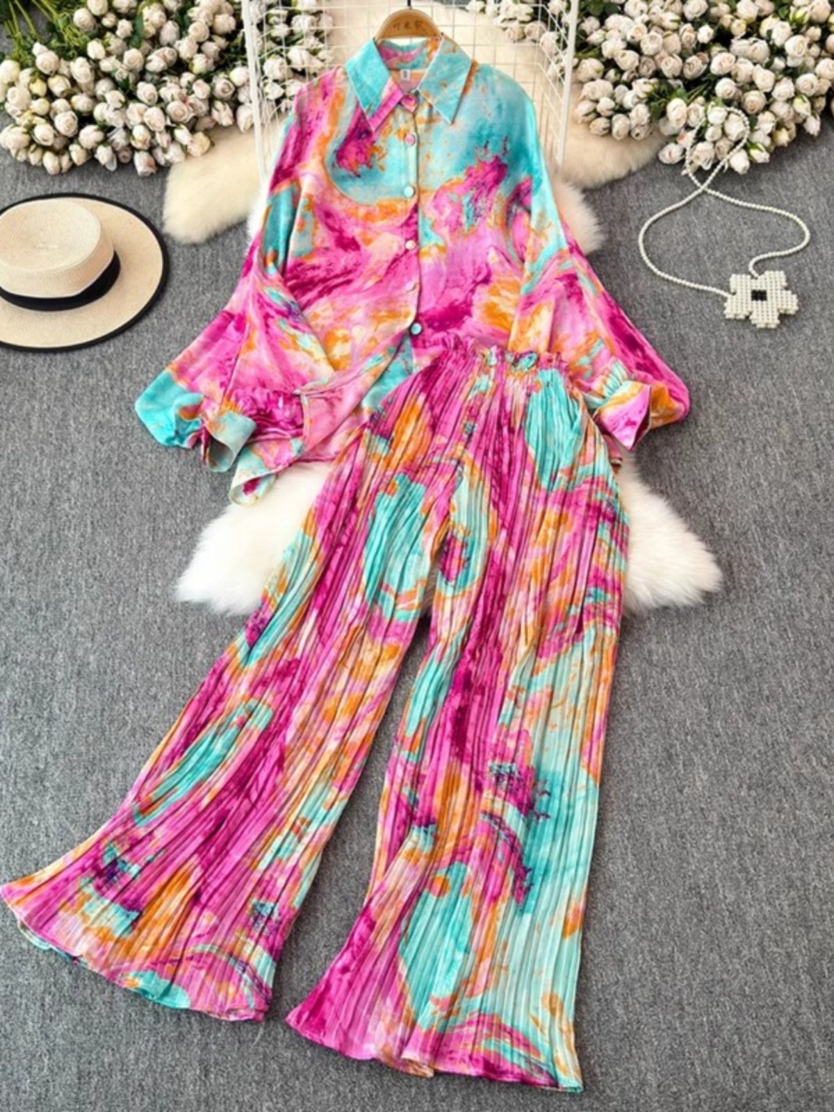 Boutique Wholesale 2024 Autumn New Fashionable Loose Lantern Sleeve Printed Shirt Casual High Waist Wide Leg Pants Women's Set