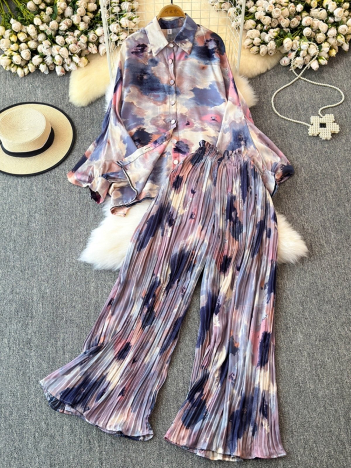 Boutique Wholesale 2024 Autumn New Fashionable Loose Lantern Sleeve Printed Shirt Casual High Waist Wide Leg Pants Women's Set