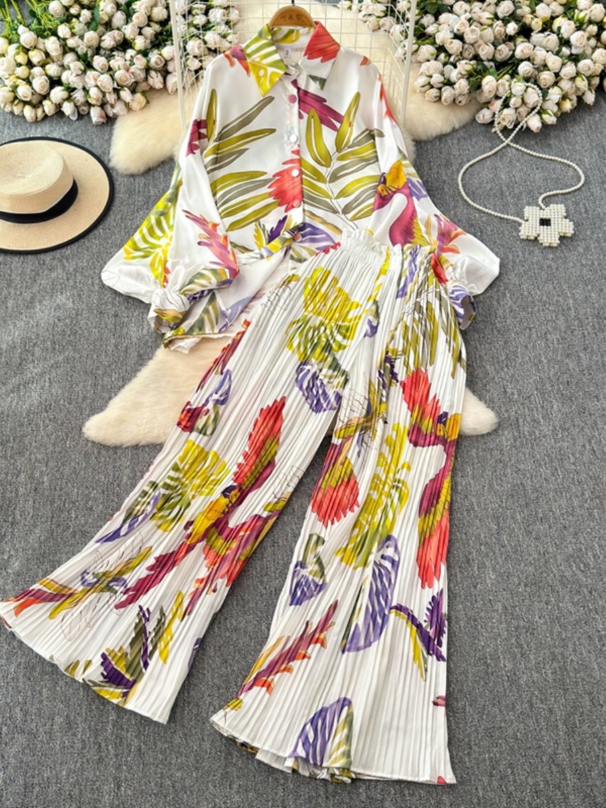 Boutique Wholesale 2024 Autumn New Fashionable Loose Lantern Sleeve Printed Shirt Casual High Waist Wide Leg Pants Women's Set