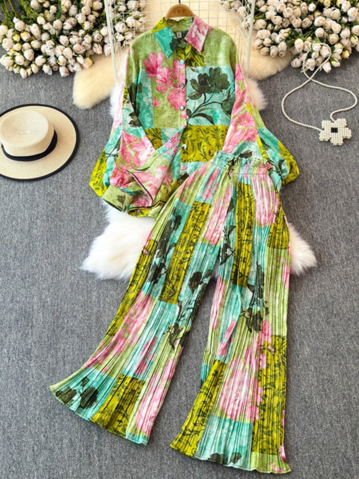 Boutique Wholesale 2024 Autumn New Fashionable Loose Lantern Sleeve Printed Shirt Casual High Waist Wide Leg Pants Women's Set
