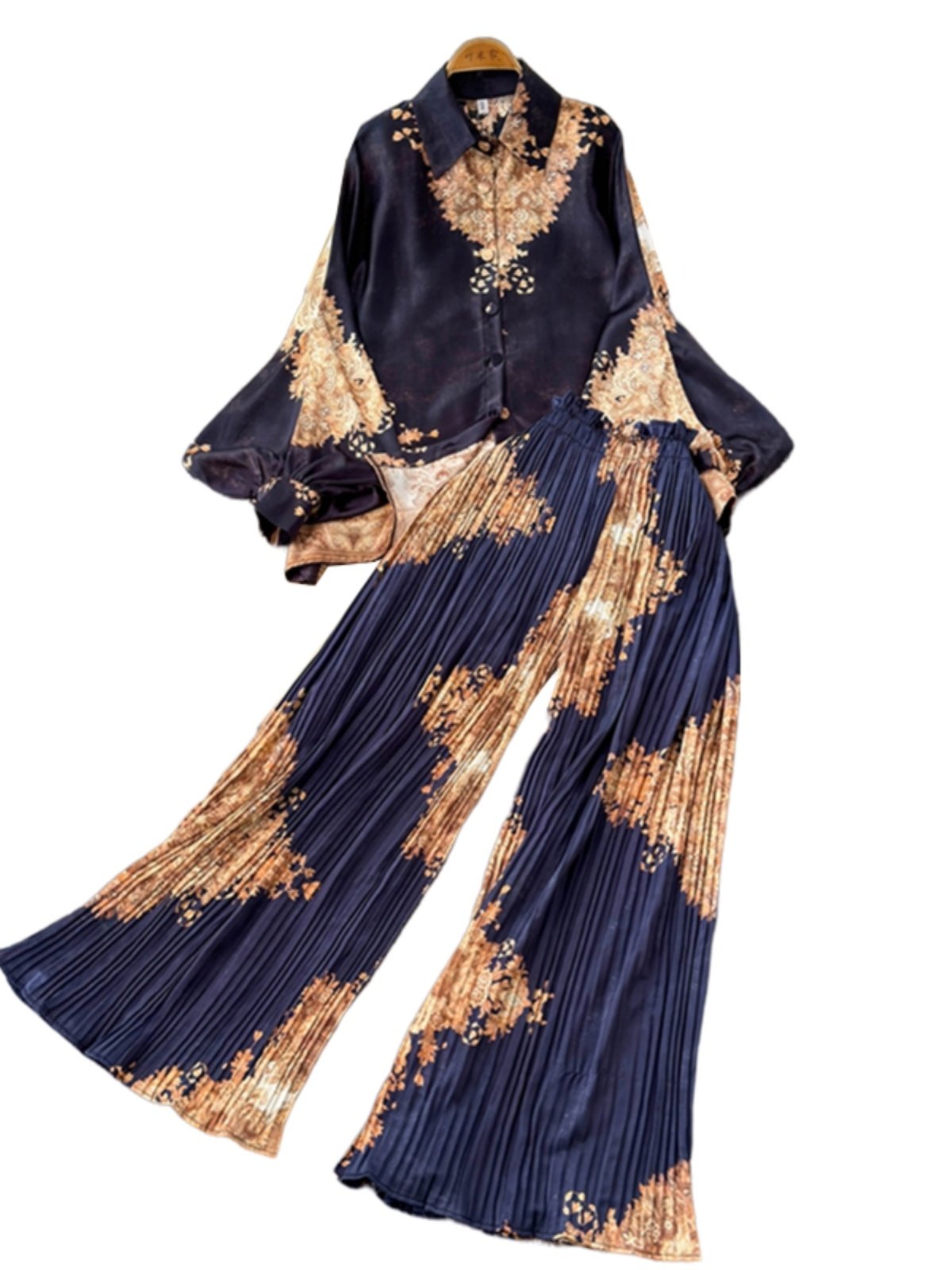 Boutique Wholesale 2024 Autumn New Fashionable Loose Lantern Sleeve Printed Shirt Casual High Waist Wide Leg Pants Women's Set