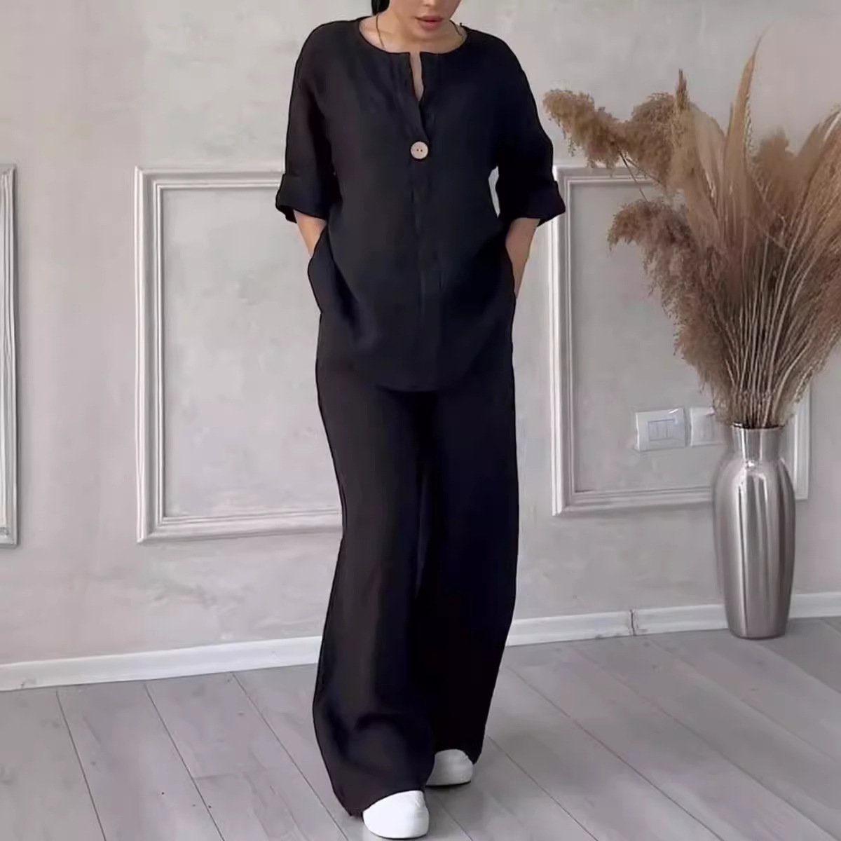 Boutique Wholesale 2024 Autumn New Fashionable V-neck Long Sleeved Pants Cotton Linen Women's Set