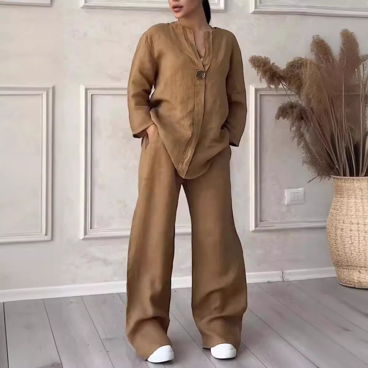 Boutique Wholesale 2024 Autumn New Fashionable V-neck Long Sleeved Pants Cotton Linen Women's Set