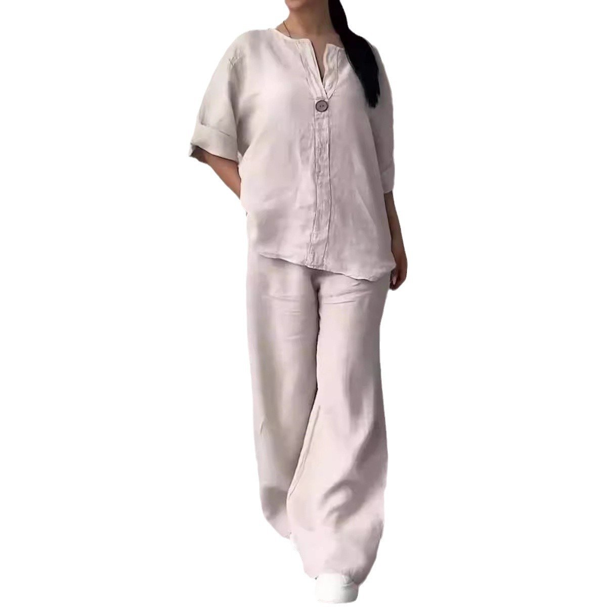 Boutique Wholesale 2024 Autumn New Fashionable V-neck Long Sleeved Pants Cotton Linen Women's Set
