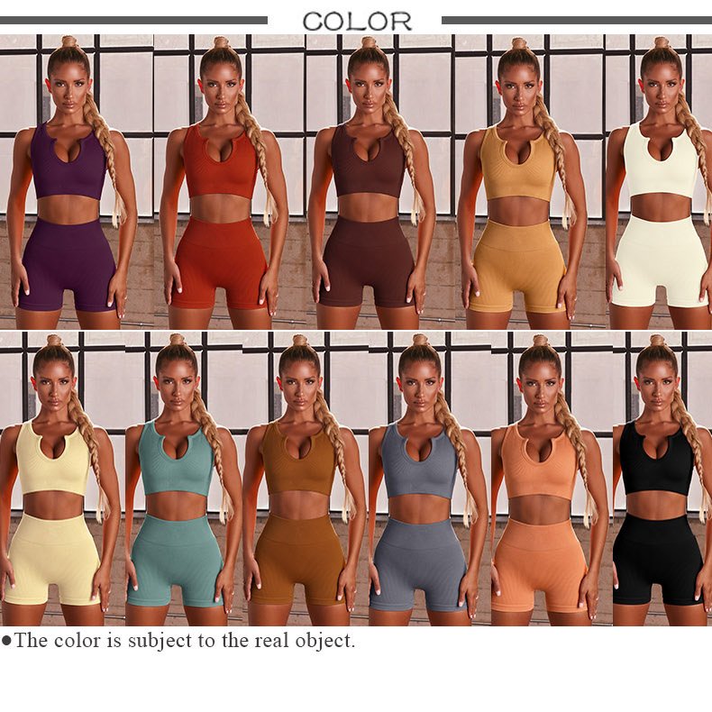 2023 New Workout Fitness Suit Sets Women 5 Piece Elastic Seamless Ribbed Sports Bra Short Sleeves and Shorts Pants Leggings Set
