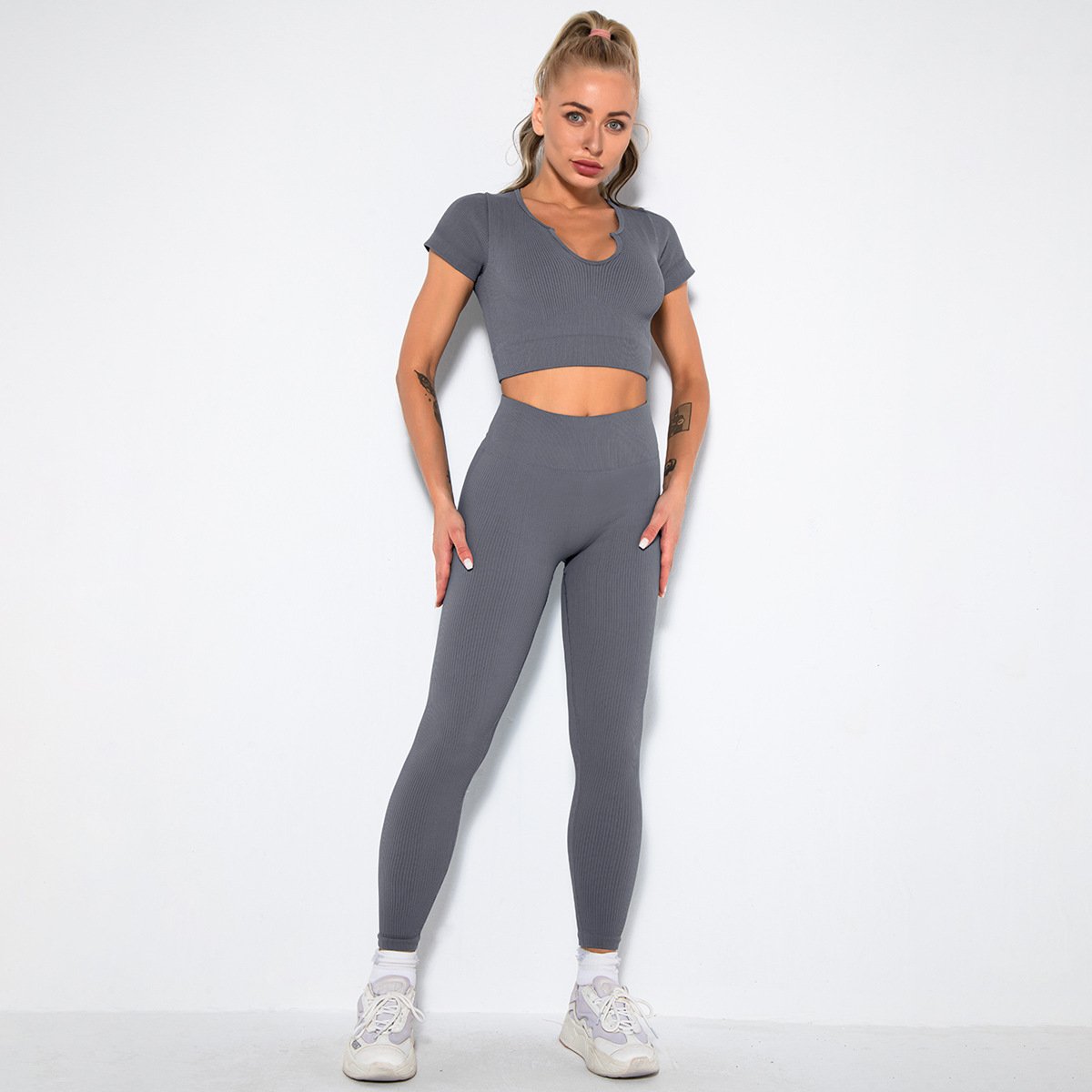 2023 New Workout Fitness Suit Sets Women 5 Piece Elastic Seamless Ribbed Sports Bra Short Sleeves and Shorts Pants Leggings Set
