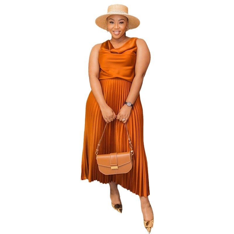 New women's clothing fashionable ladies dress set casual solid color sleeveless top pleated skirt women's sets