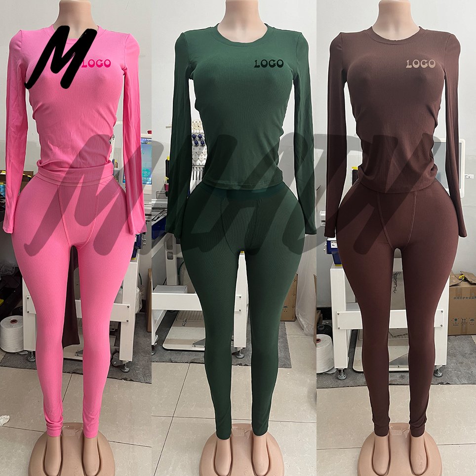 OEM Custom Manufacturer Women Clothing Tshirt Pink Outfit Bodycon 2 Piece Winter Set Knit Rib Fitness Loungewear Women Sets