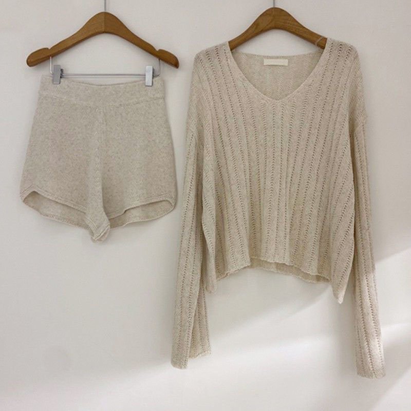 Fashion 2 Piece shorts Women set Long Sleeve Pullover sweater Tops High Waist Casual Shorts Elegant women's knitted suit