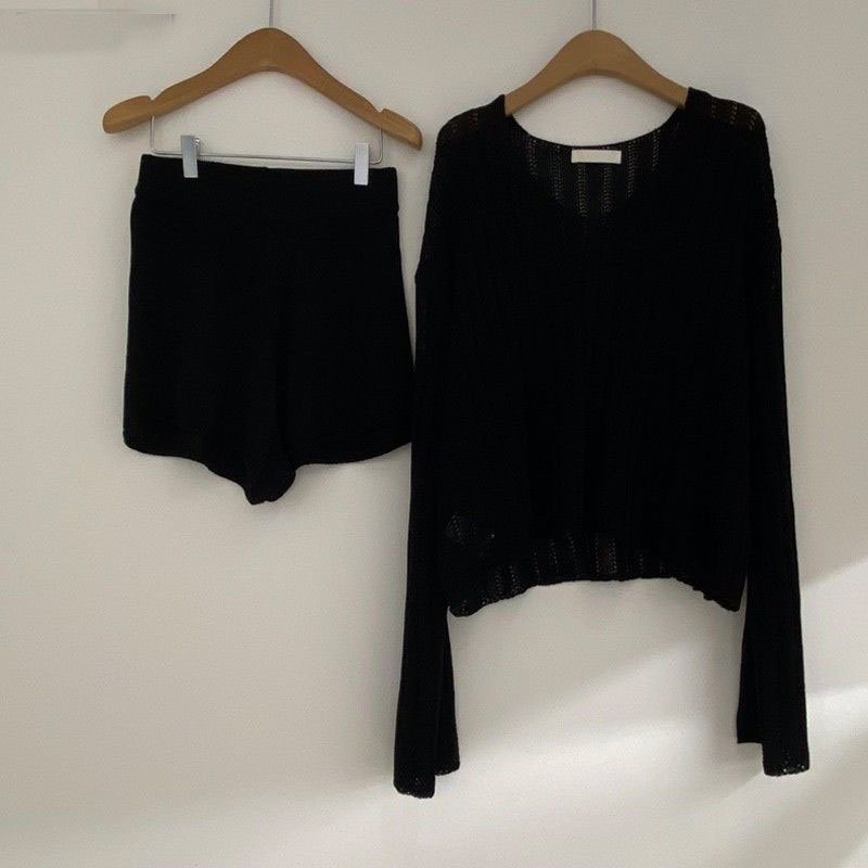 Fashion 2 Piece shorts Women set Long Sleeve Pullover sweater Tops High Waist Casual Shorts Elegant women's knitted suit