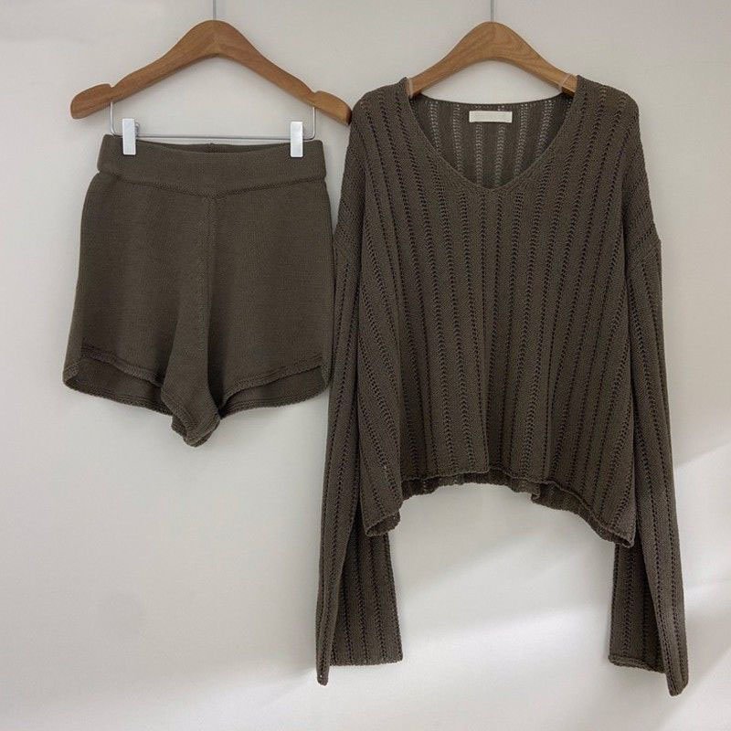Fashion 2 Piece shorts Women set Long Sleeve Pullover sweater Tops High Waist Casual Shorts Elegant women's knitted suit
