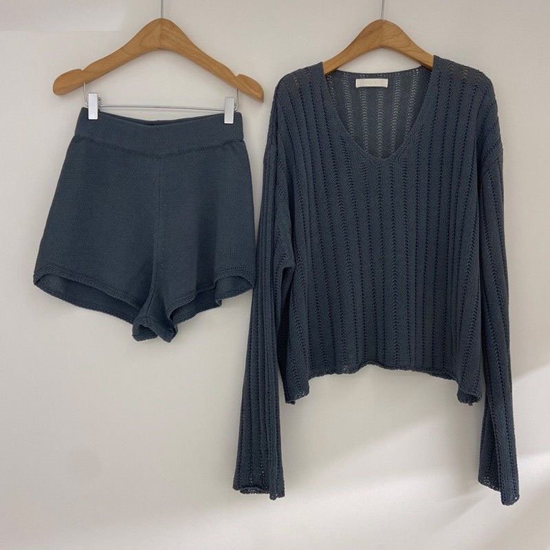 Fashion 2 Piece shorts Women set Long Sleeve Pullover sweater Tops High Waist Casual Shorts Elegant women's knitted suit