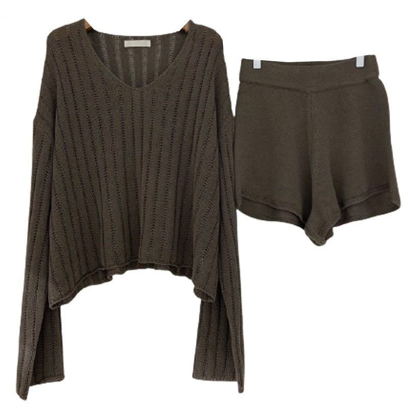 Fashion 2 Piece shorts Women set Long Sleeve Pullover sweater Tops High Waist Casual Shorts Elegant women's knitted suit