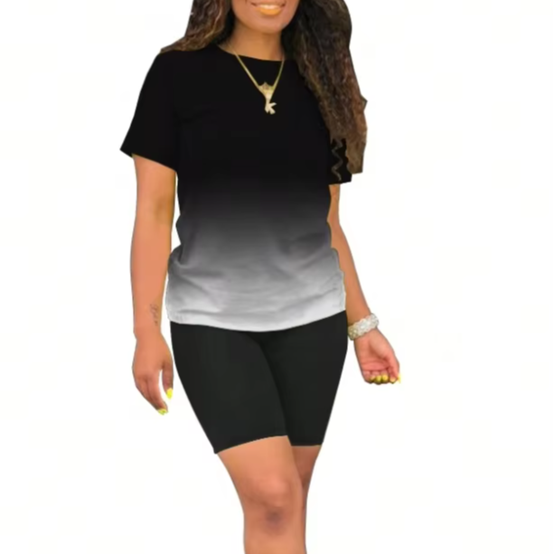 Gradient short-sleeved top solid color shorts two-piece set Women's casual elegance set 2024 Women's set can be customized