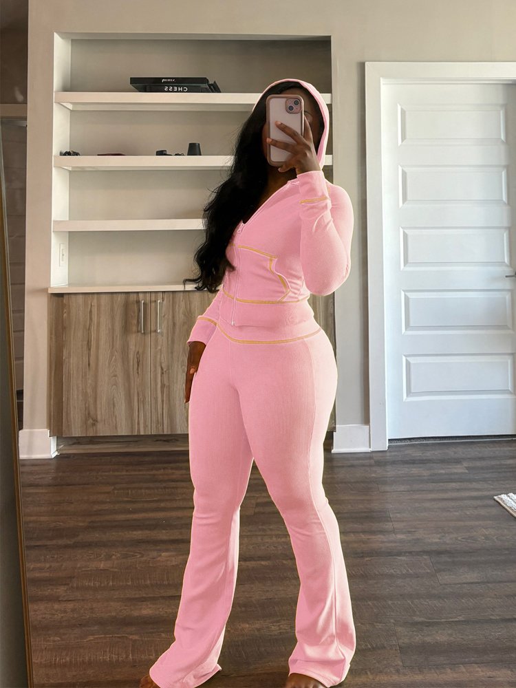 Waffle Texture Striped Women's Set Hooded Tops and Flare Pants Suits 2024 Fall Casual Street Baddie 2 Piece Sets Women
