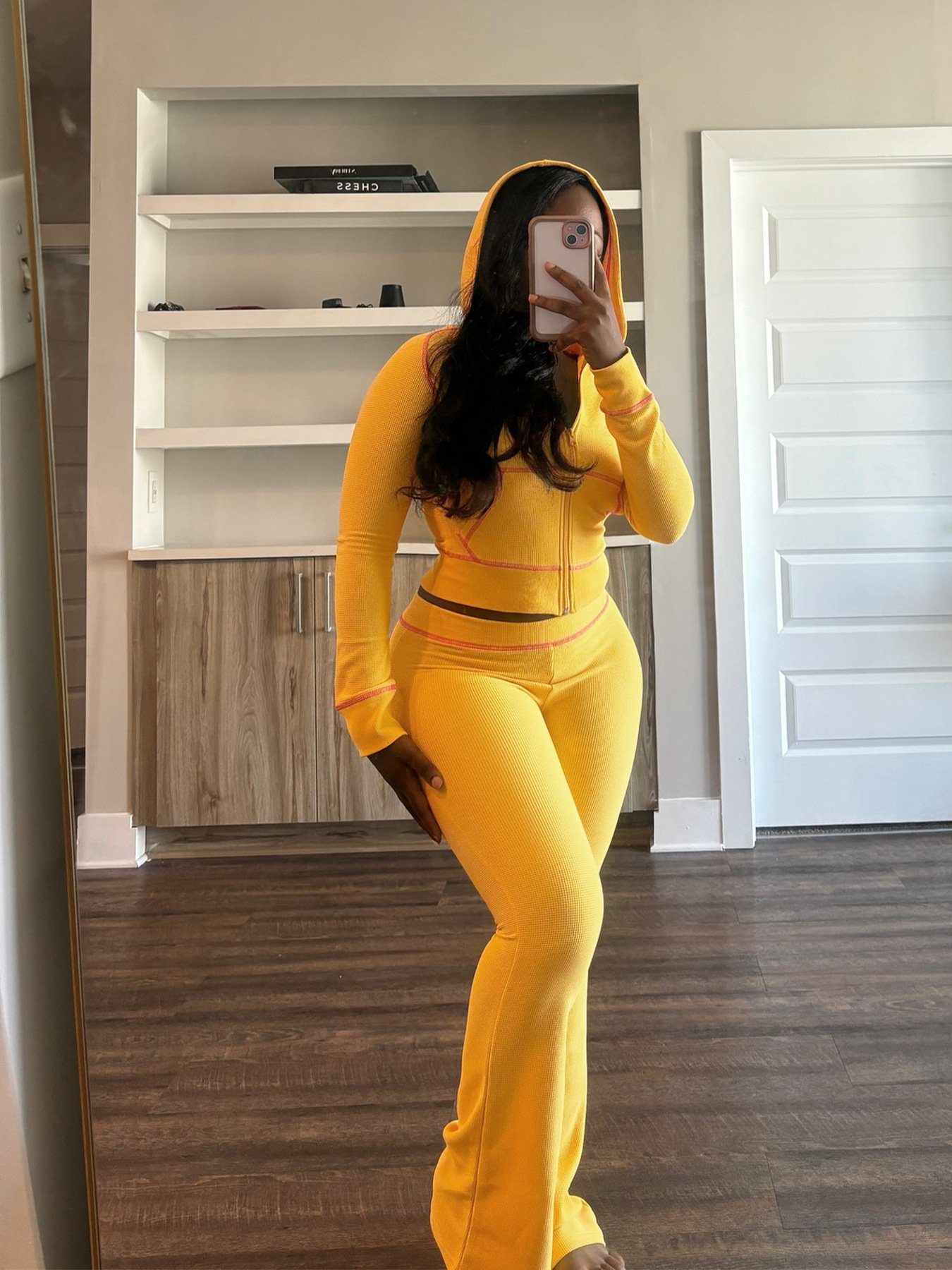Waffle Texture Striped Women's Set Hooded Tops and Flare Pants Suits 2024 Fall Casual Street Baddie 2 Piece Sets Women