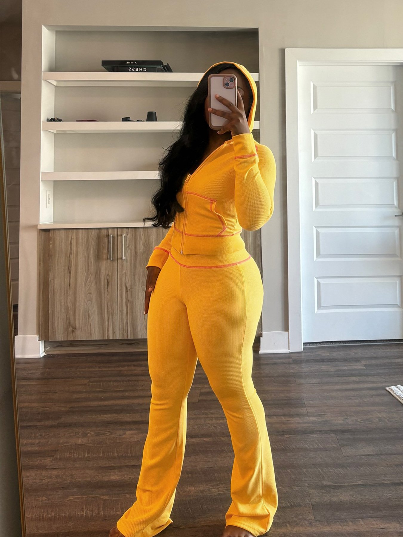 Waffle Texture Striped Women's Set Hooded Tops and Flare Pants Suits 2024 Fall Casual Street Baddie 2 Piece Sets Women