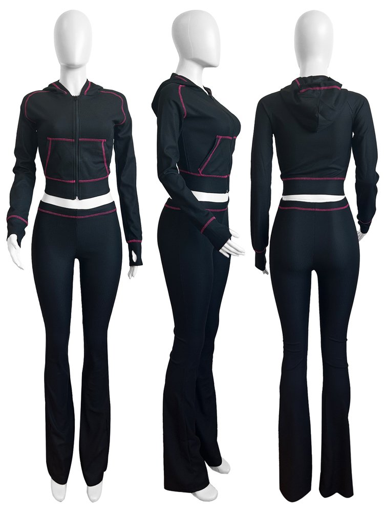 Waffle Texture Striped Women's Set Hooded Tops and Flare Pants Suits 2024 Fall Casual Street Baddie 2 Piece Sets Women