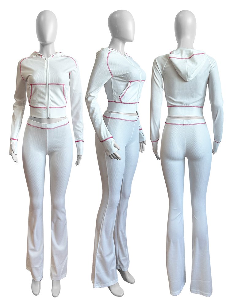 Waffle Texture Striped Women's Set Hooded Tops and Flare Pants Suits 2024 Fall Casual Street Baddie 2 Piece Sets Women